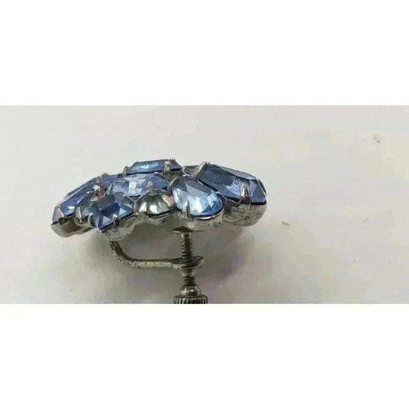 Vintage Earrings Rhinestone Baby Blue Rhodium Plated Clip Big Statement 50s - Picture 9 of 12